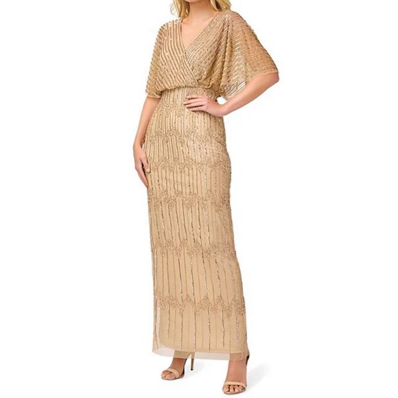 Beaded Short Flutter Sleeve V-Neck Blouson Gown - Picture 2 of 7